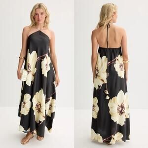 MISA Los Angeles Raban Dress Floral Halter Neck Maxi Golden Poppy Satin Black M
